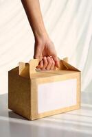 Woman taking carton box for delivery photo