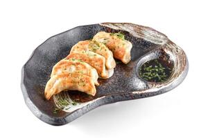Pan seared dumplings with soy sauce photo
