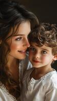 Mother and son share a joyful moment with warm smiles in a cozy indoor setting during a peaceful afternoon photo