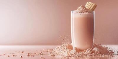 Milkshake topped with a wafer lies next to scattered powder on a smooth surface in soft light photo