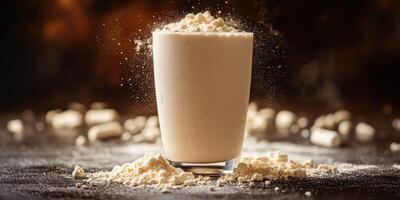 Creamy protein shake surrounded by protein powder on a dark surface captured in a cozy kitchen setting during evening light photo