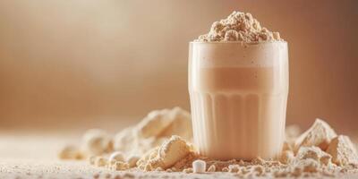 Creamy protein shake filled with rich flavor and surrounded by protein powder on a wooden surface photo