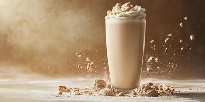 Creamy beverage with whipped topping creates splashes in a warm, inviting atmosphere photo