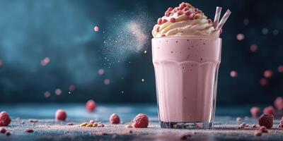 Delicious raspberry milkshake topped with whipped cream and sprinkles in a glass on a textured surface photo