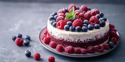 Delicious red velvet cake topped with fresh raspberries and blueberries on a dark textured background photo