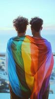Two friends embrace while wrapped in a rainbow flag overlooking a beautiful sunset by the ocean photo