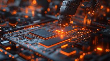 Robotic Arm Assembling High-Tech Microchip photo