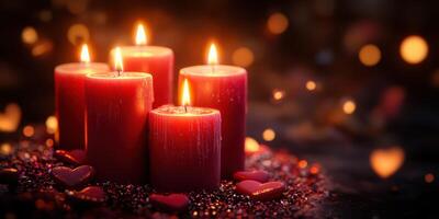 Romantic atmosphere created by glowing red candles with hearts around, perfect for celebrations and special moments photo