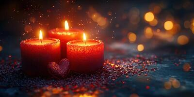Candles illuminate a cozy setting with glimmering lights and heart-shaped decorations photo