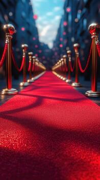 Red carpet event showcasing elegance in a bustling city during twilight hours with glowing lights illuminating the pathway photo