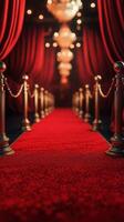 Elegant red carpet pathway adorned with velvet curtains and shimmering lights in a grand venue setting photo