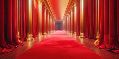Elegant corridor featuring red curtains and golden columns leading to a darkened doorway photo