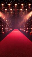 Elegant runway with red carpet and bright lights in a stylish venue at night during a fashion event photo