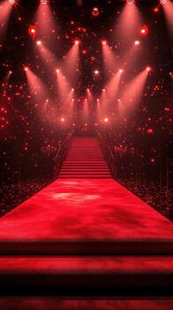 Elegant red carpet leading to illuminated stairs in a glamorous setting during a nighttime event photo