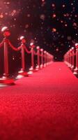 Elegant red carpet pathway lined with stanchions welcoming guests to a glamorous event in a festive atmosphere photo