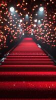 Red carpet staircase leads to a dazzling array of lights for a glamorous event at night photo