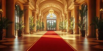 Grand entrance hall with elegant decor and red carpet leading to large windows photo