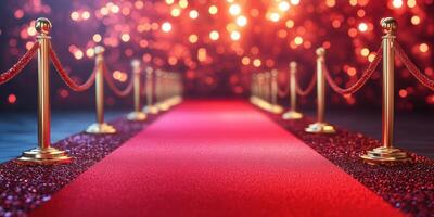 Elegant red carpet event with golden stanchions and sparkling lights at night photo