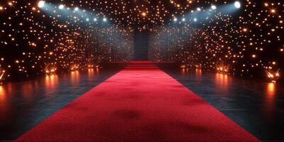 Elegant red carpet runway with dazzling lights and starry backdrop perfect for fashion shows and events photo
