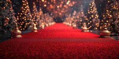 Red carpet pathway lined with sparkling Christmas trees and festive decorations during the holiday season photo