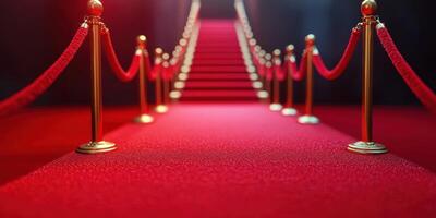 Elegant red carpet leading up a majestic staircase with golden barriers, creating a grand entrance for a special event photo