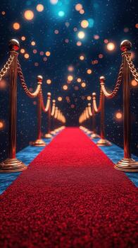 Red carpet leading to a glamorous event entrance under twinkling lights and a starry backdrop photo