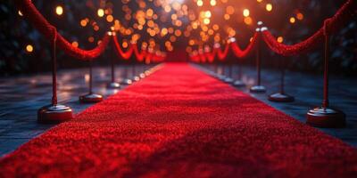 Red carpet leading to an elegantly lit entrance with glowing lights in the background during a glamorous evening event photo