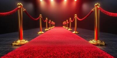 Red carpet event showcasing an elegant pathway lined with golden stanchions and bright spotlights in a glamorous setting photo