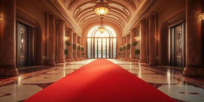 Luxurious hallway with red carpet, tall windows, and elegant columns at a grand venue during the day photo