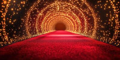 Illuminated red carpet leading through a glowing golden tunnel in a festive setting photo