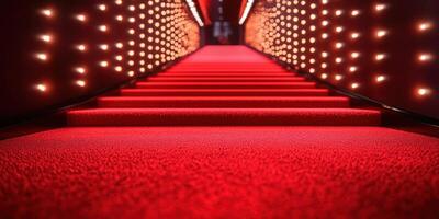 Red carpet hallway leading to a glamorous event location with bright lights illuminating the steps photo