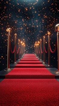Elegant red carpet leading to a glamorous event illuminated by sparkling lights during a festive evening photo