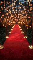 Elegant red carpet path lined with golden stanchions and twinkling lights in a lush forest setting during the evening photo