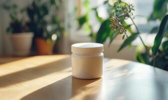A jar of medicine is sitting on a table photo