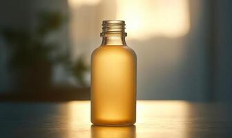 a bottle of oil sits on a table photo
