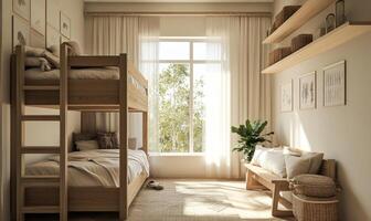 A room with a bunk bed and a bench photo