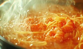 A pot of pasta with shrimp in it photo