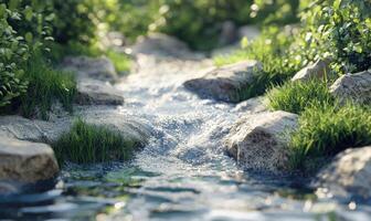 A stream of water flows between rocks photo