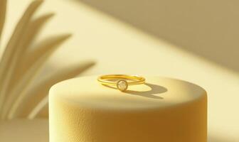 A gold ring with a diamond on it is sitting on a yellow surface photo