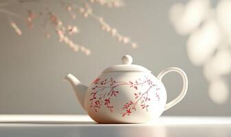 A white and red tea pot with a red flower design, light from the window photo