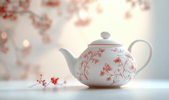 A white and red tea pot with flowers on it photo