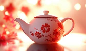 A white and red flower pot with a red flower design photo