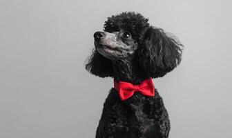 A black poodle wearing a red bow tie, gray wall background photo