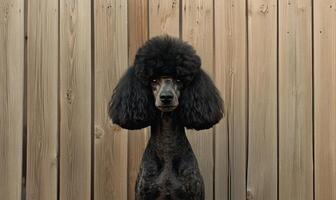 A black poodle with a black hat on its head photo