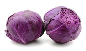 Two purple cabbage heads are on a white background photo