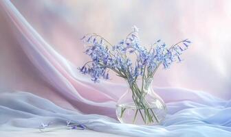 A vase of blue flowers sits on a table photo
