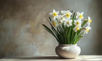 a vase with white and yellow daffodils on a table photo