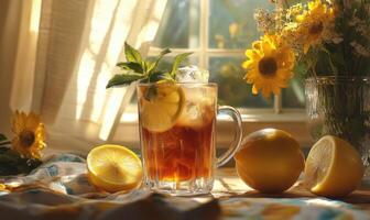 a pitcher of lemonade and a glass of iced tea sit on a table next to a photo
