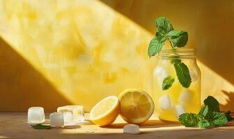 A jar of lemonade with ice cubes and a sprig of mint photo