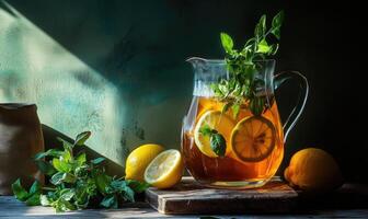 A pitcher of lemonade with a sprig of mint and a lemon slice in it photo